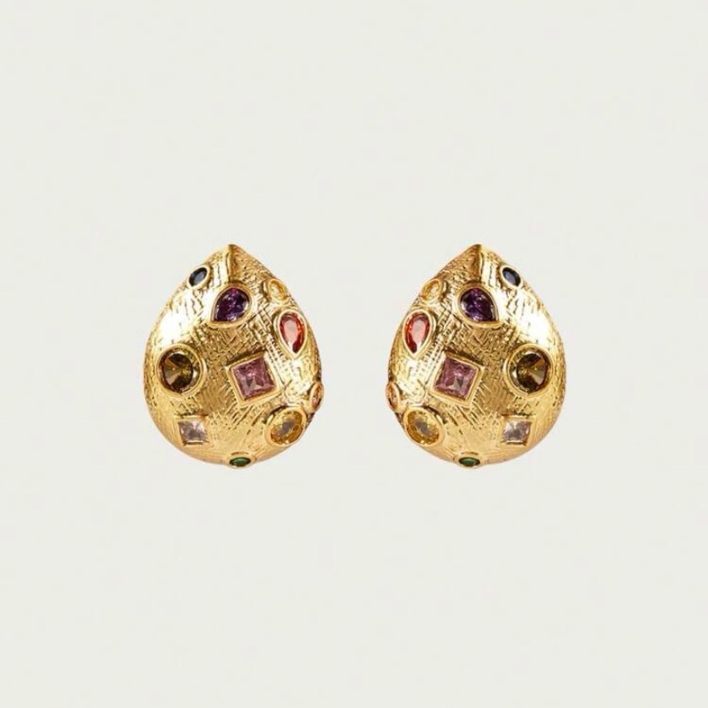 18 Karat Gold Plated Multi-Gem Teardrop Stud Earrings - Women Jewelry